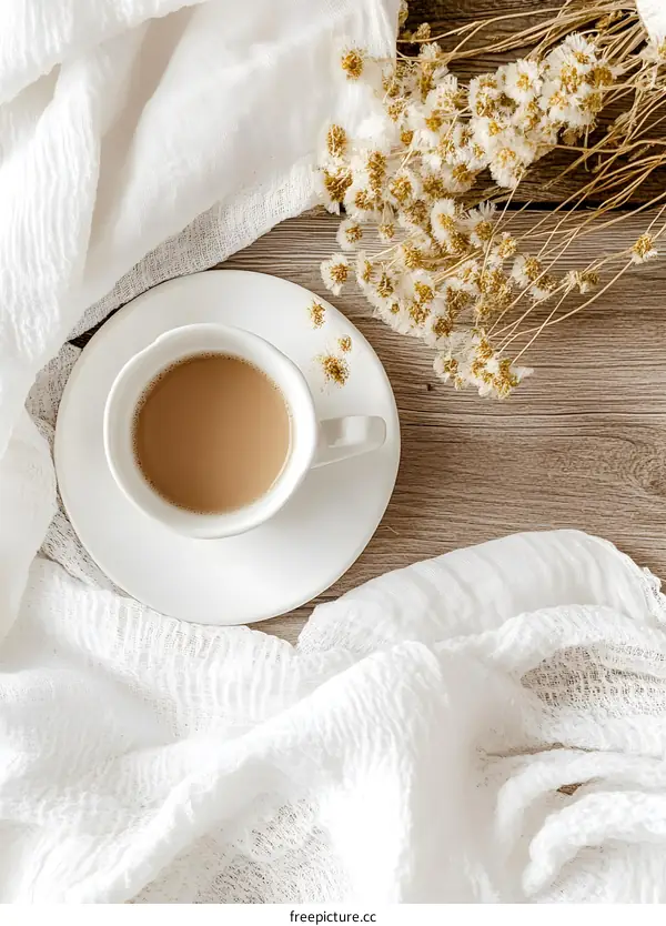 A Cup of Coffee with Dried Flowers on Wooden Table