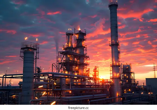 Oil refinery at sunset