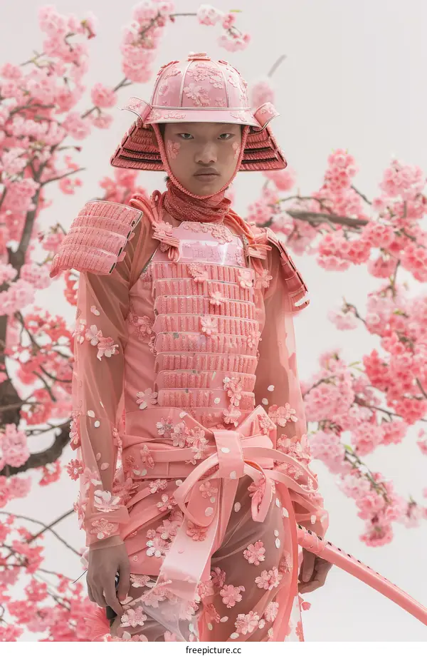 Asian Model in Pink Samurai Armor Poses in Front of Cherry Blossoms