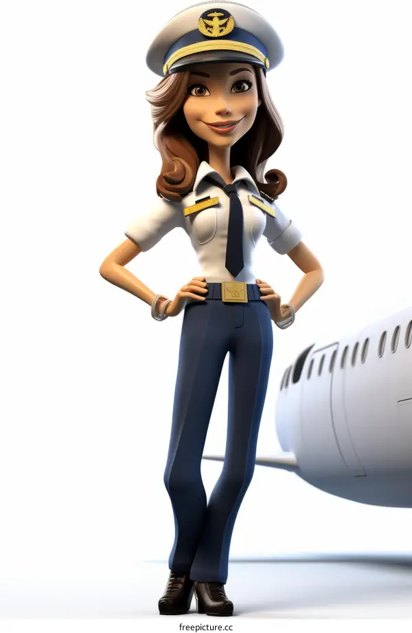 A beautiful cartoon pilot girl standing in front of a plane