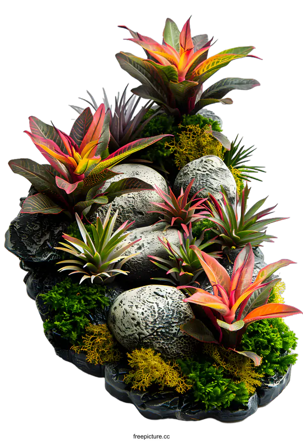 [Transparent Background PNG]Colorful Bromeliads and Moss in a Decorative Rock Garden