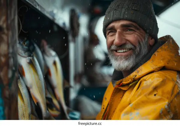 Portrait of a happy fisherman with a beard wearing a yellow raincoat and a beanie