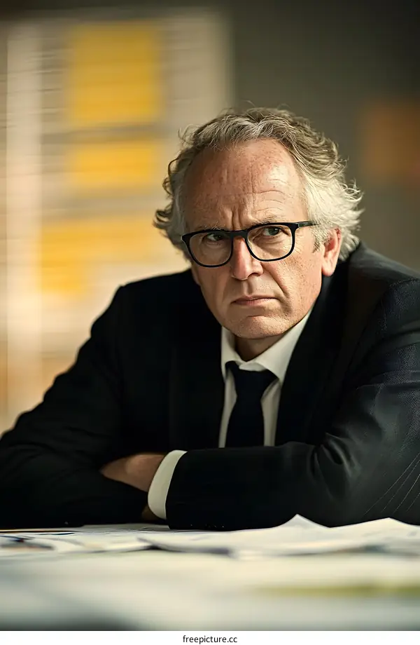 Portrait of Caucasian Businessman in Suit Sitting at Desk