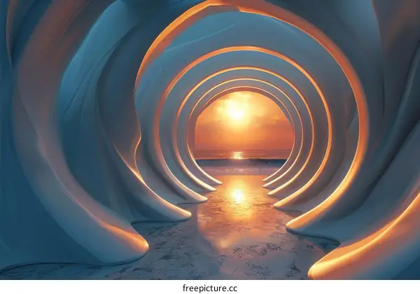 Futuristic Tunnel with Ocean and Sunset Views