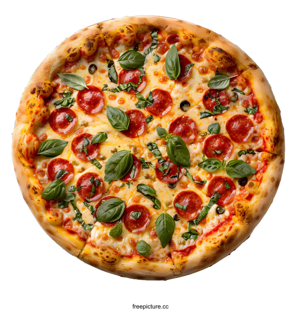 [Transparent Background PNG]food photography of a delicious pepperoni pizza with basil leaves