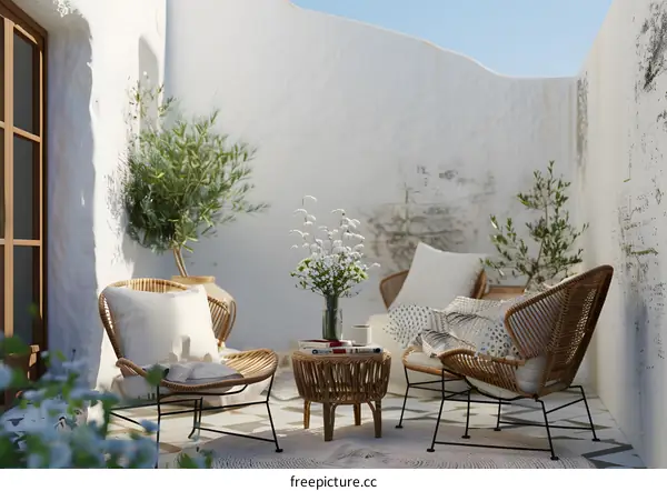 White Wall Patio With Wicker Furniture And Flowers
