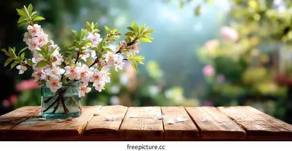 Spring Blossoms on Wooden Table in Garden