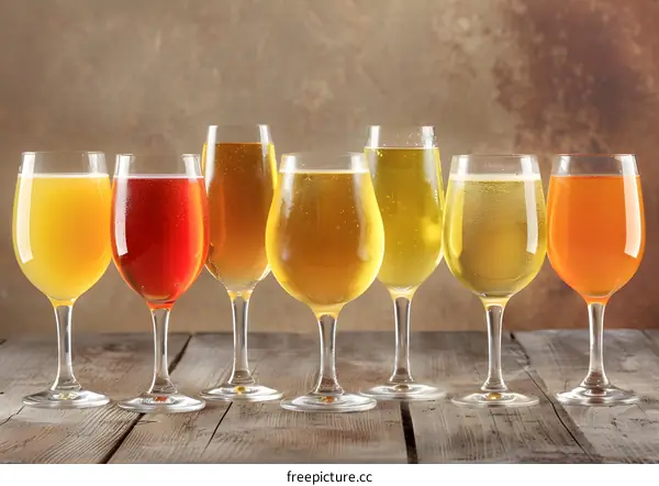 Six Glasses of Different Colored Beers on Wooden Table