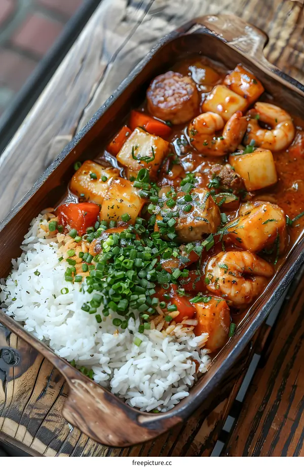 Seafood Stew with Rice in Wooden Bowl
