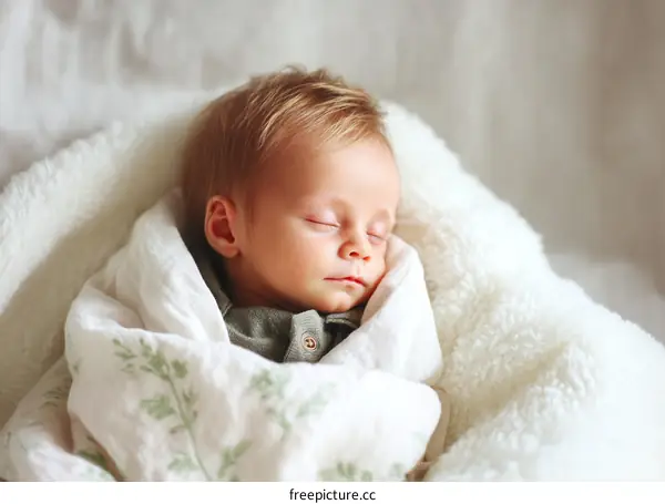 Peaceful Newborn Baby Sleeping Wrapped in a Blanket