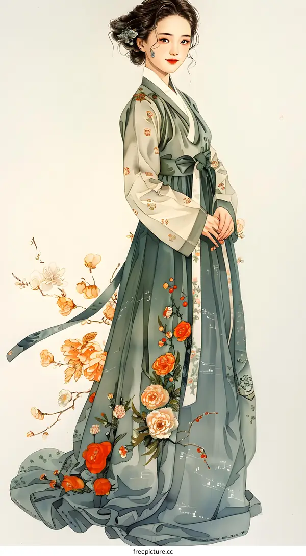 A beautiful Korean woman in a traditional dress, with flowers and a white background.