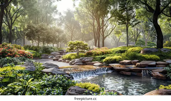 Captivating Chinese Garden Oasis with Cascading Waterfall and Serene Pavilion