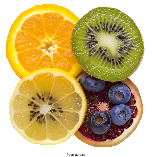 [Transparent Background PNG]Fresh Sliced Fruits Arrangement on White Background