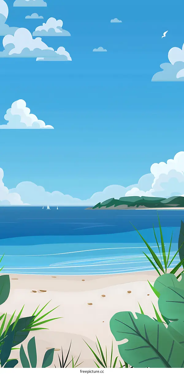 Summer Tropical Beach Illustration with Blue Sky and White Clouds