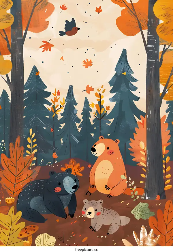 Cute Bear Family In The Autumn Forest