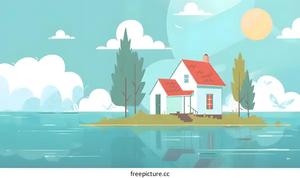 House on an Island with Clouds and Birds