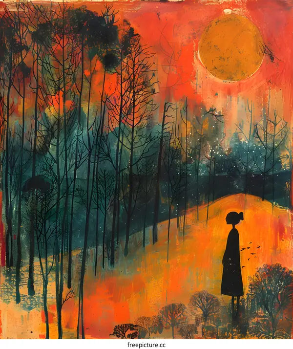 Silhouette of Woman in Forest with Large Orange Sun