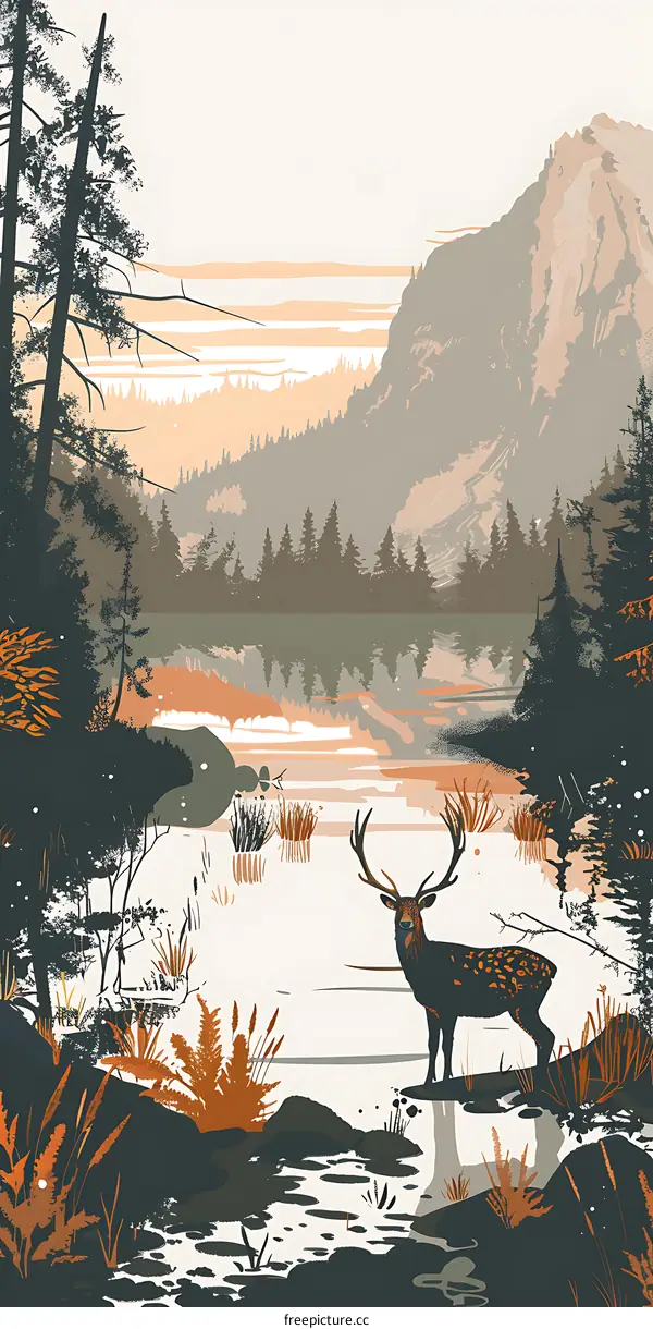 Peaceful Mountain Lake Deer Illustration