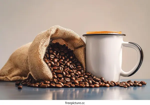 Coffee beans spilling out of a burlap sack with a white coffee mug sitting beside it on a blue table