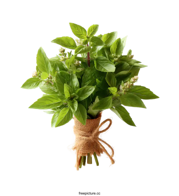 [Transparent Background PNG]Fresh Basil Bunch Tied with Burlap