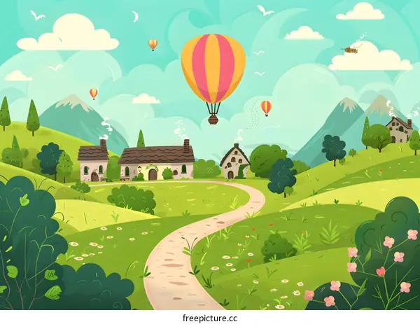 Cartoon Illustration of a Rural Countryside Landscape with Hot Air Balloons and Houses