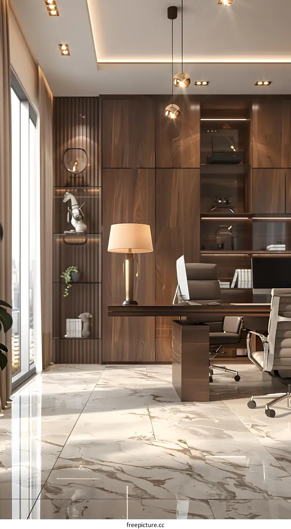 Modern office interior design with marble floor, wooden wall panel, and large windows