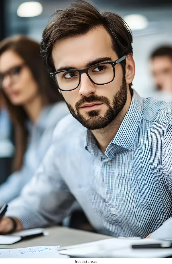 Young Man in Glasses Looking at Camera While Sitting in a Class