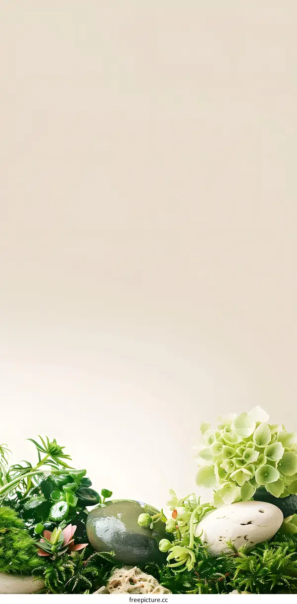 Green Leaves and Stones on White Background
