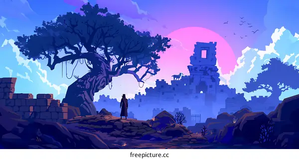 A lone figure standing near a large tree and a ruined castle in a fantasy setting