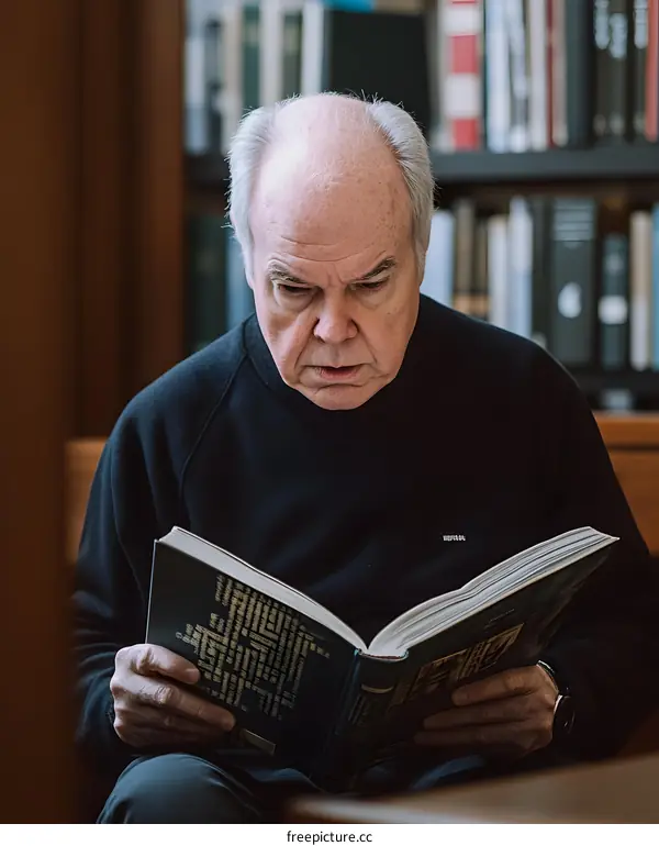 Elderly Man Reading a Book in a Library