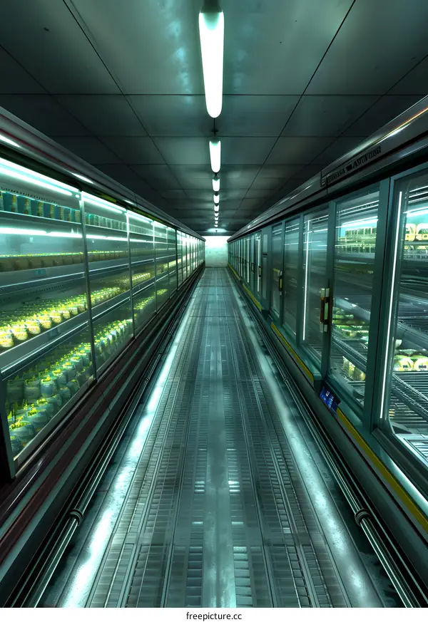 Empty Supermarket Aisle With Fluorescent Lights