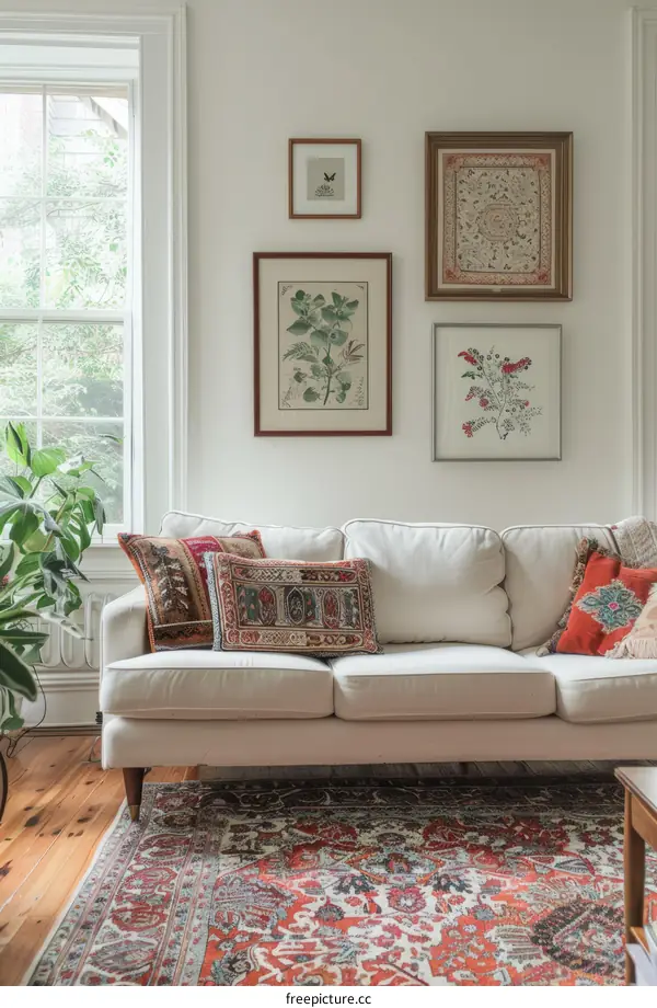 A Colorful Living Room Decorated with Botanical Prints