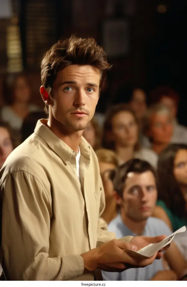 Young man giving a speech in front of a group of people