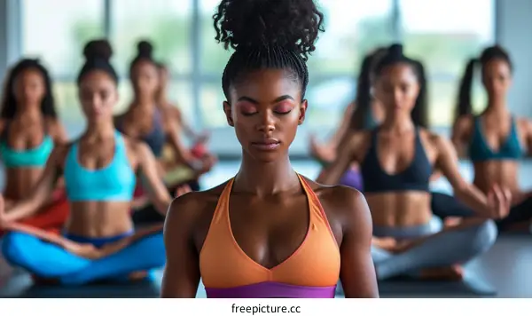 Black women in yoga class meditating with eyes closed