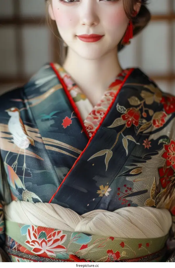 Close up of a woman wearing a kimono with a floral pattern