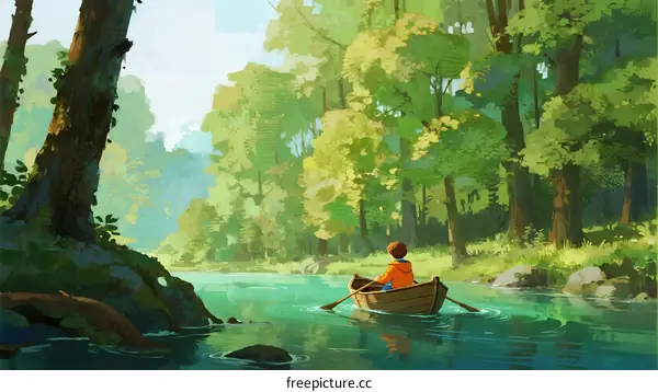 A Boy Rowing a Boat in a Serene Forest River