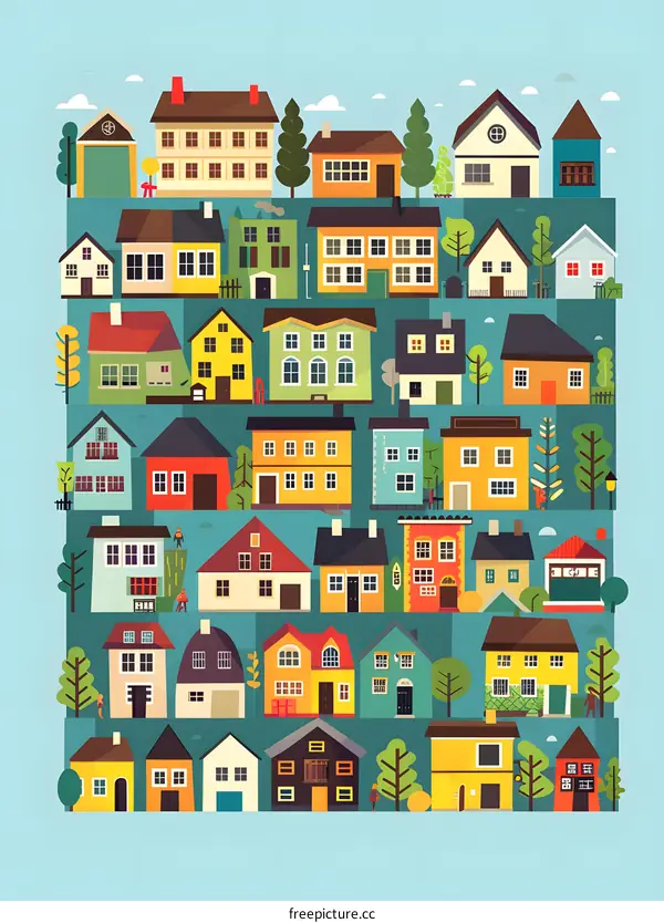 Colorful Flat Style Illustration Of A Small Town