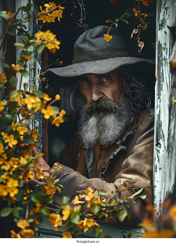 old man in window with yellow flowers