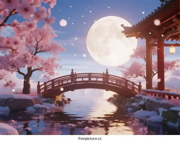 Beautiful Cherry Blossom Bridge Under Full Moon at Night