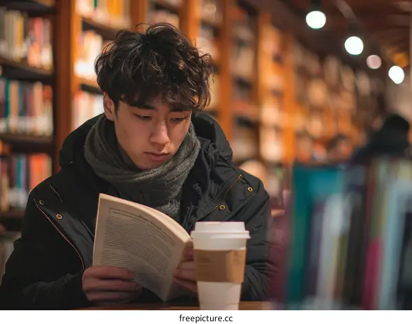 Asian man reading a book in a library