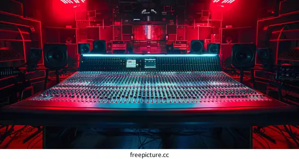 A large mixing console in a recording studio with red and blue lighting