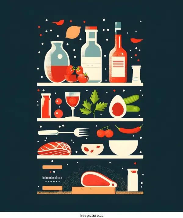 Illustrated Kitchen Shelf with Food and Drink Items