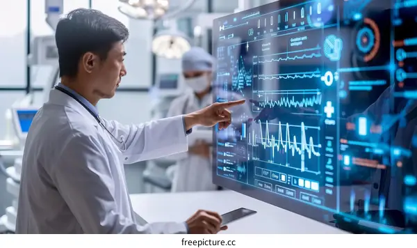 Asian doctor using futuristic computer interface