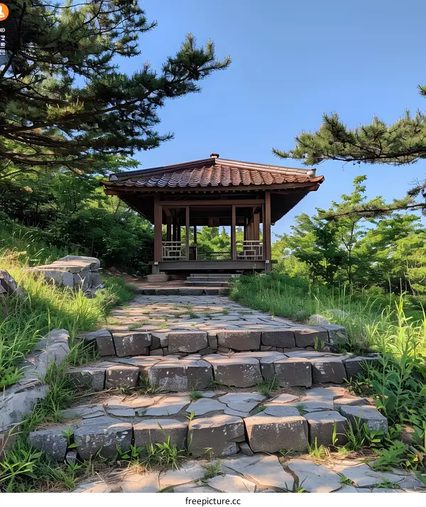 A stone path leads to a traditional Korean pavilion surrounded by lush greenery.