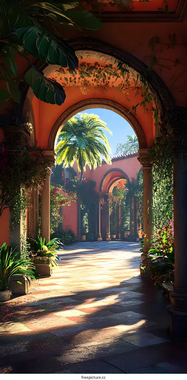 Sunlit Pathway Through Archway in Tropical Garden
