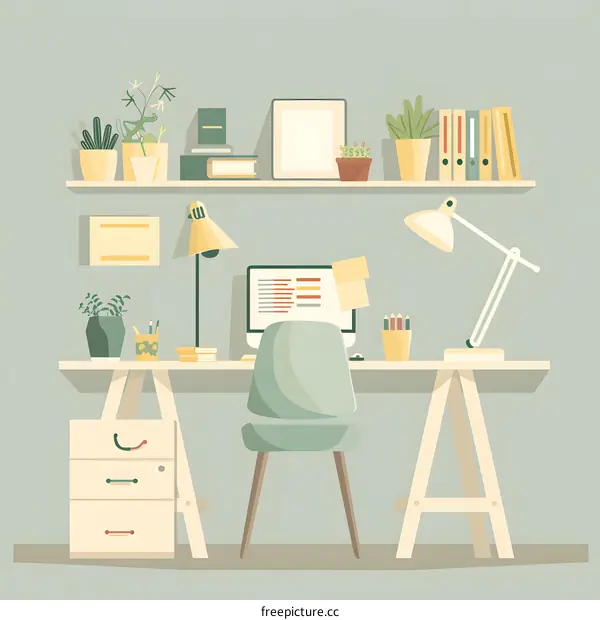 Home Office Workspace With Desk Lamp And Plants