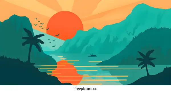 Silhouettes of Palm Trees and Mountains at Sunset