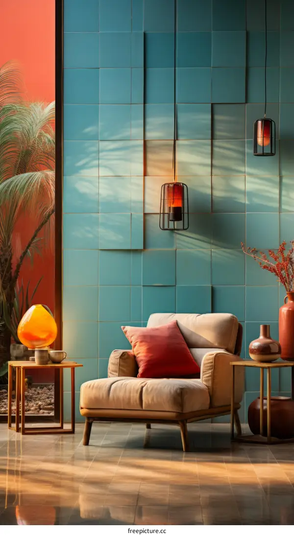 A stylish living room with a comfortable armchair and a coffee table