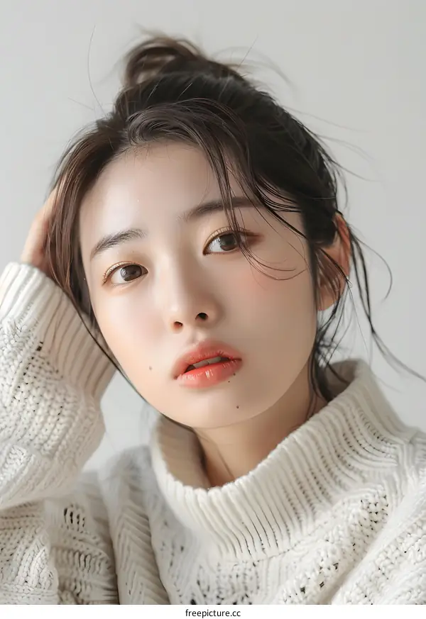 Portrait of Asian Woman with Long Hair Wearing White Sweater