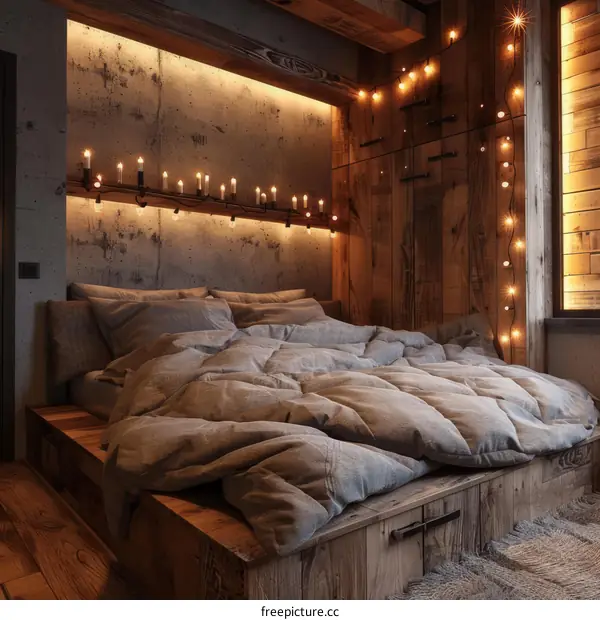 Cozy bedroom with candles and string lights